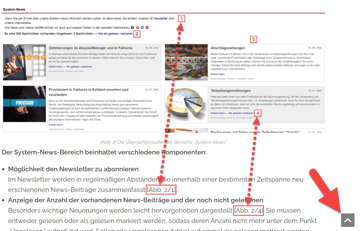 Screenshot eines Eintrags des Handbuchs der ameax Unternehmenssoftware mit verschiedenen Markierungen