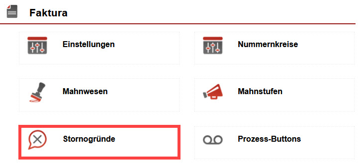 Screenshot geöffneter Einstellungsbereich "Faktura" mit markiertem Bereich "Stornogründe"