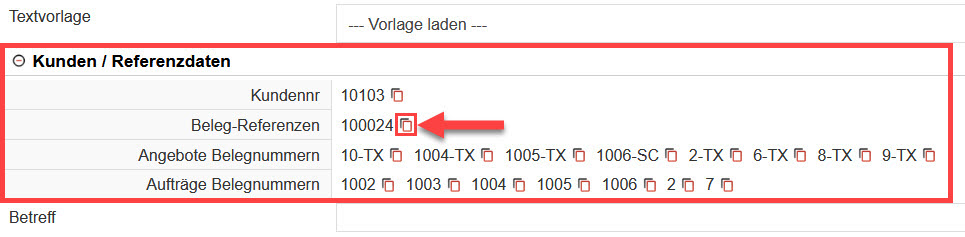 Screenshot geöffneter Bereich zur Erstellung einer Nachricht mit markiertem Bereich "Kunden/Referenzdaten"