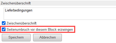 Screenshot geöffneter Beleg mit geöffnetem Bearbeitungsbereich zum Einfügen einer Zwischenüberschrift mit markierter Option "Seitenumbruch vor diesem Block erzwingen"