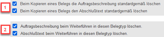 Screenshot Einstellungsoptionen zum automatischen Löschen der Auftragsbeschreibung und des Abschlusstextes