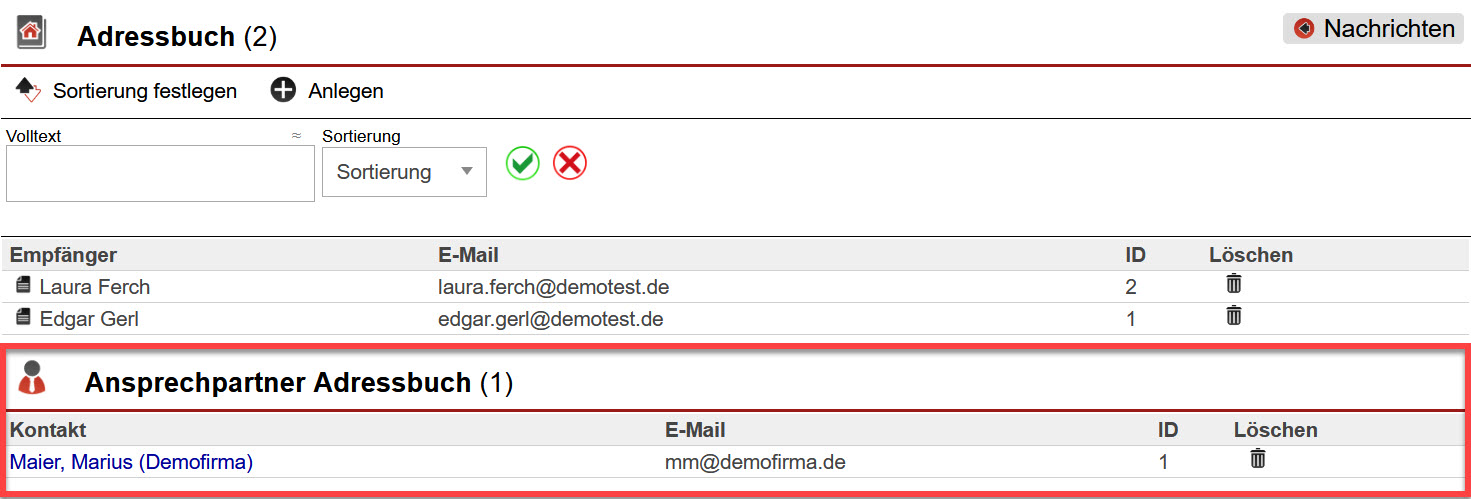 Screenshot geöffnetes Adressbuch mit markiertem Bereich "Ansprechpartner Adressbuch"