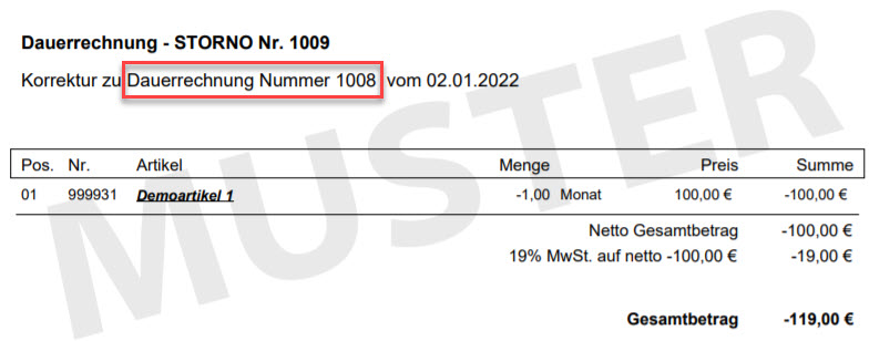 Screenshot des Belegs zur stornierten Dauerrechnung