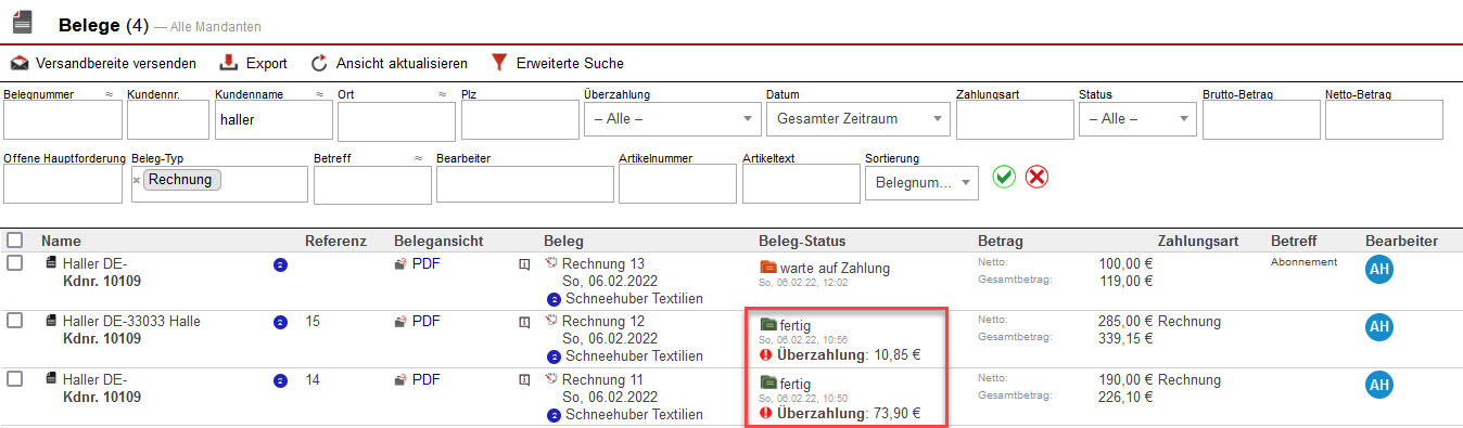 Screenshot geöffnete Belegübersicht mit markiertem Hinweis bzgl. der Überzahlung bei einzelnen Belegen