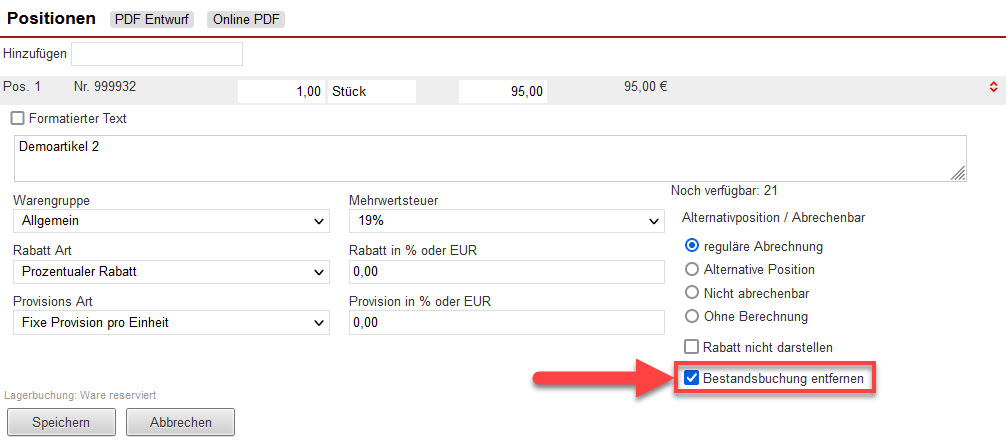 Screenshot geöffneter Beleg mit markierter Option zum Aussetzen der Bestandsbuchung für eine bestimmte Belegposition