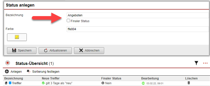 Screenshot der Einstellungsmaske "Status anlegen"