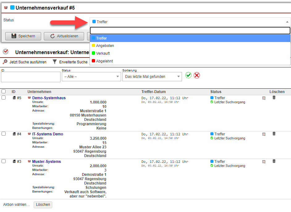 Screenshot des Bereichs "Suchprofile" in der Kundenmaske