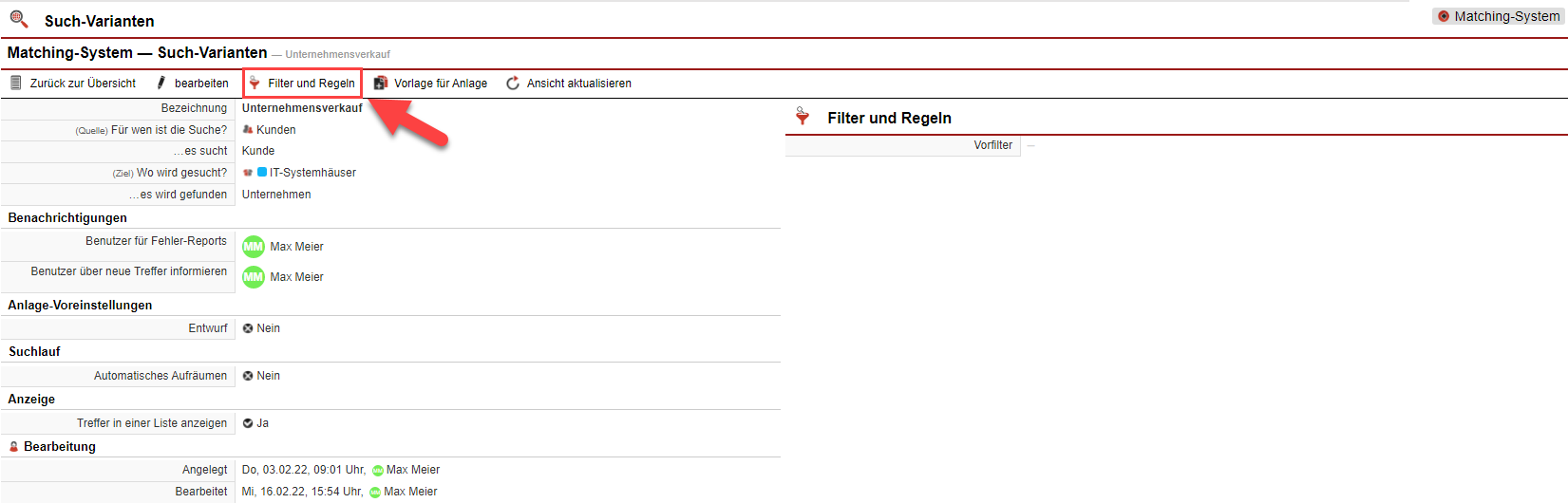 Screenshot der Übersichtsmaske einer Such-Variante mit Markierung der Schaltfläche „Filter und Regeln“