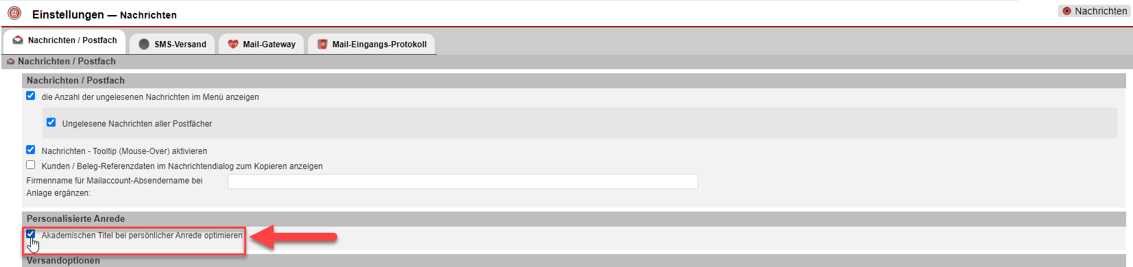 Screenshot aus dem Einstellungsbereich „Nachrichten“ mit Markierung der Einstellungsoption "Akademischen Titel bei persönlicher Anrede optimieren"