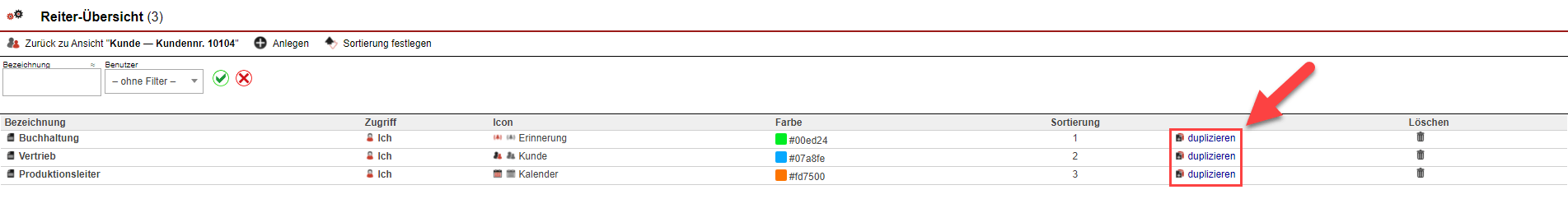 Screenshot aus „Reiter-Übersicht“ mit Markierung der Button „Duplizieren“