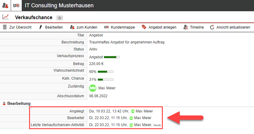 Screenshot einer Verkaufschance mit Markierung des Bereichs "Bearbeitung"