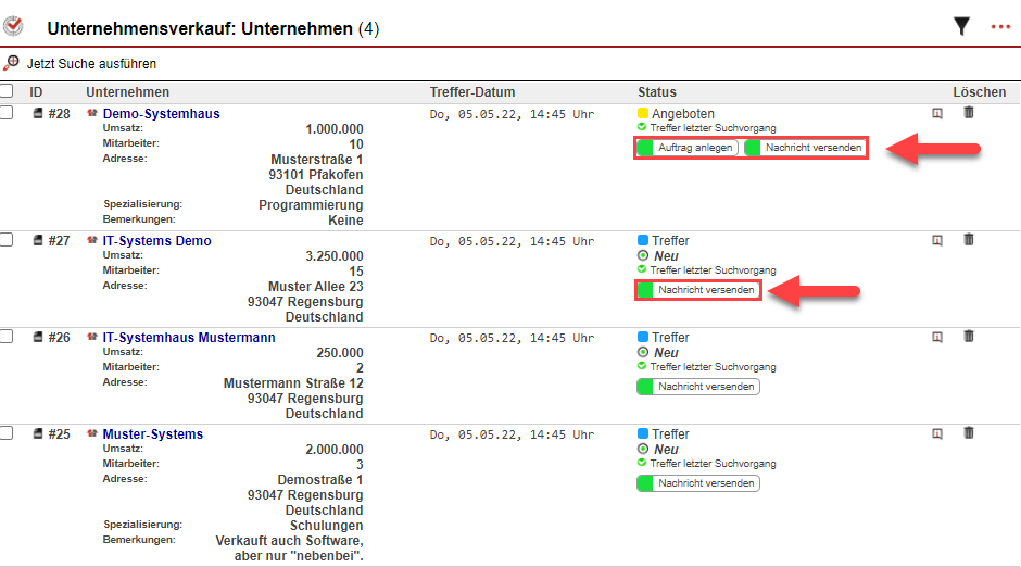 Screenshot aus einem Kundendatensatz nach ausgeführter Matching-Suche mit Markierung der Prozess-Buttons