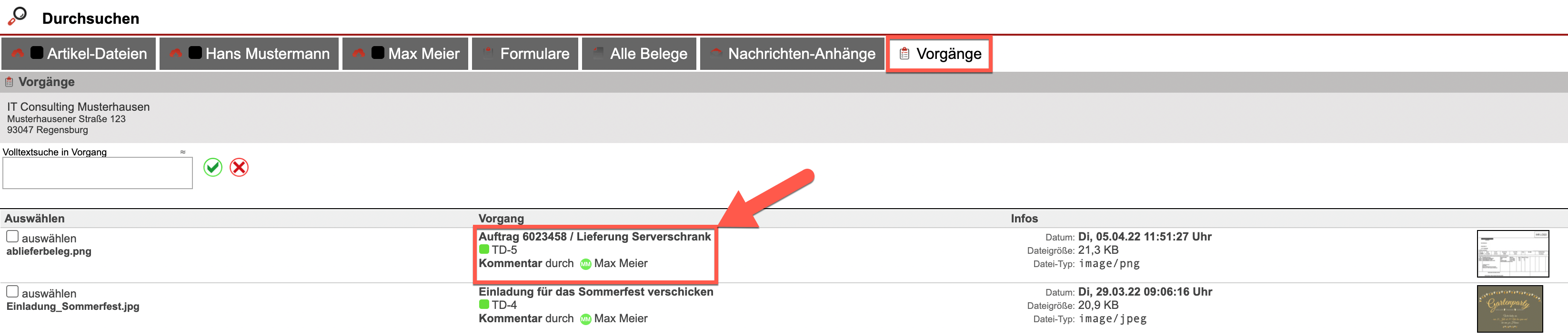 Screenshot FileDrive-Ansicht im Reiter "Vorgänge" mit Markierung einer Datei, die als Kommentar hinzugefügt wurde 