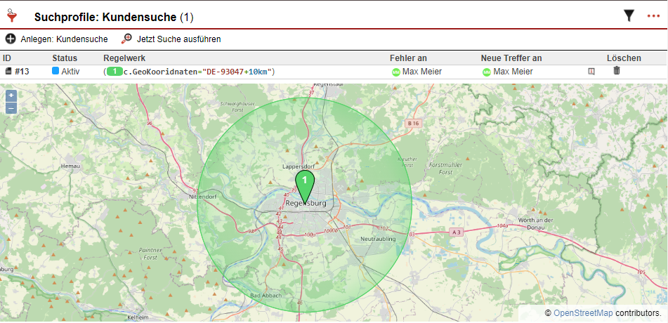 Screenshot eines Suchprofils mit Umkreissuche im Kundendatensatz
