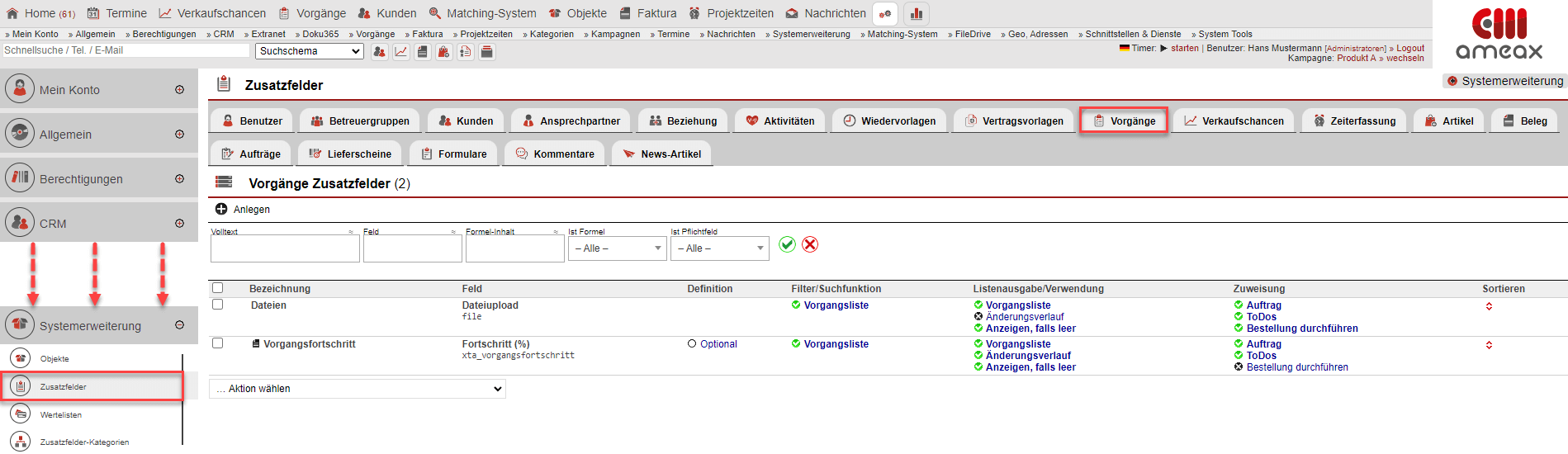 Screenshot des Einstellungsbereichs „Zusatzfelder“ im Reiter „Vorgänge“ mit verschiedenen Markierungen 