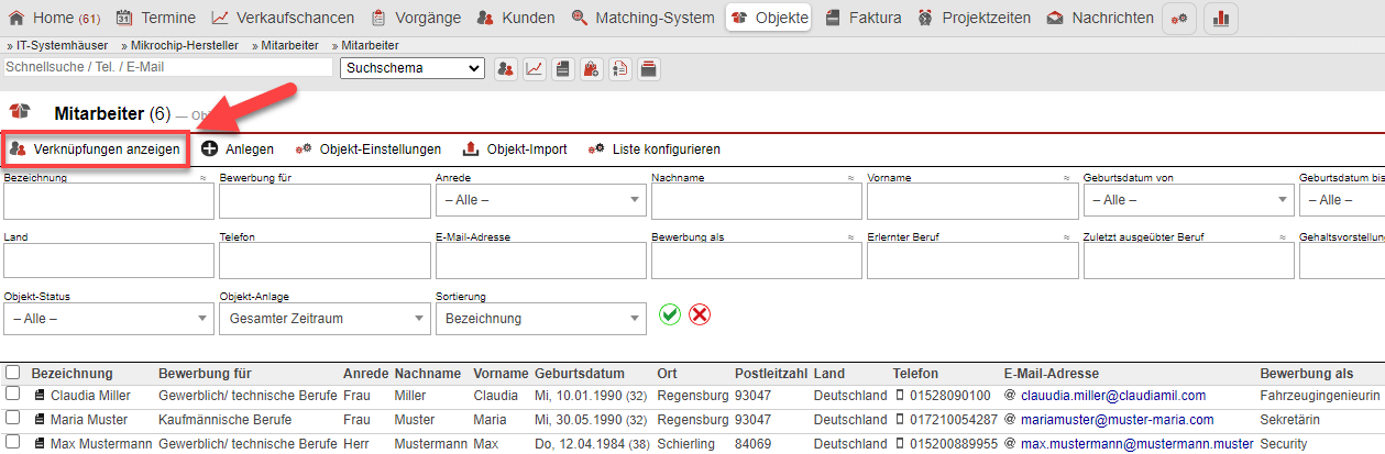 Screenshot Übersichtsmaske der angelegten Objekte mit markierter Schaltfläche „Verknüpfungen anzeigen“