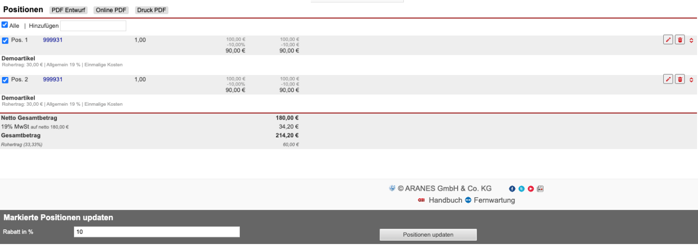 Screenshot Angebot mit mehreren ausgewählten Positionen