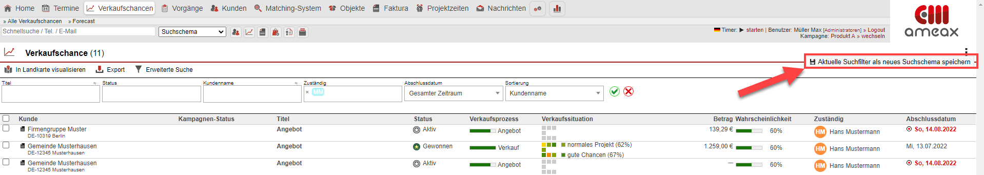 Screenshot der Übersichtsmaske der Verkaufschancen mit Markierungen