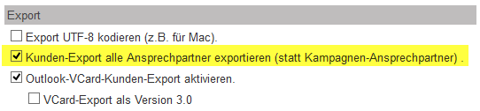 Screenshot Einstellungsfenster Export mit ausgewählten Optionen für den Export nach Ansprechpartner