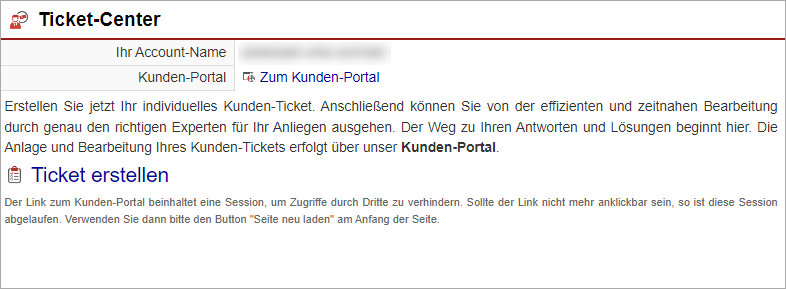 Screenshot des Hinweisbereichs "Ticket-Center" im zentralen Support-Bereich