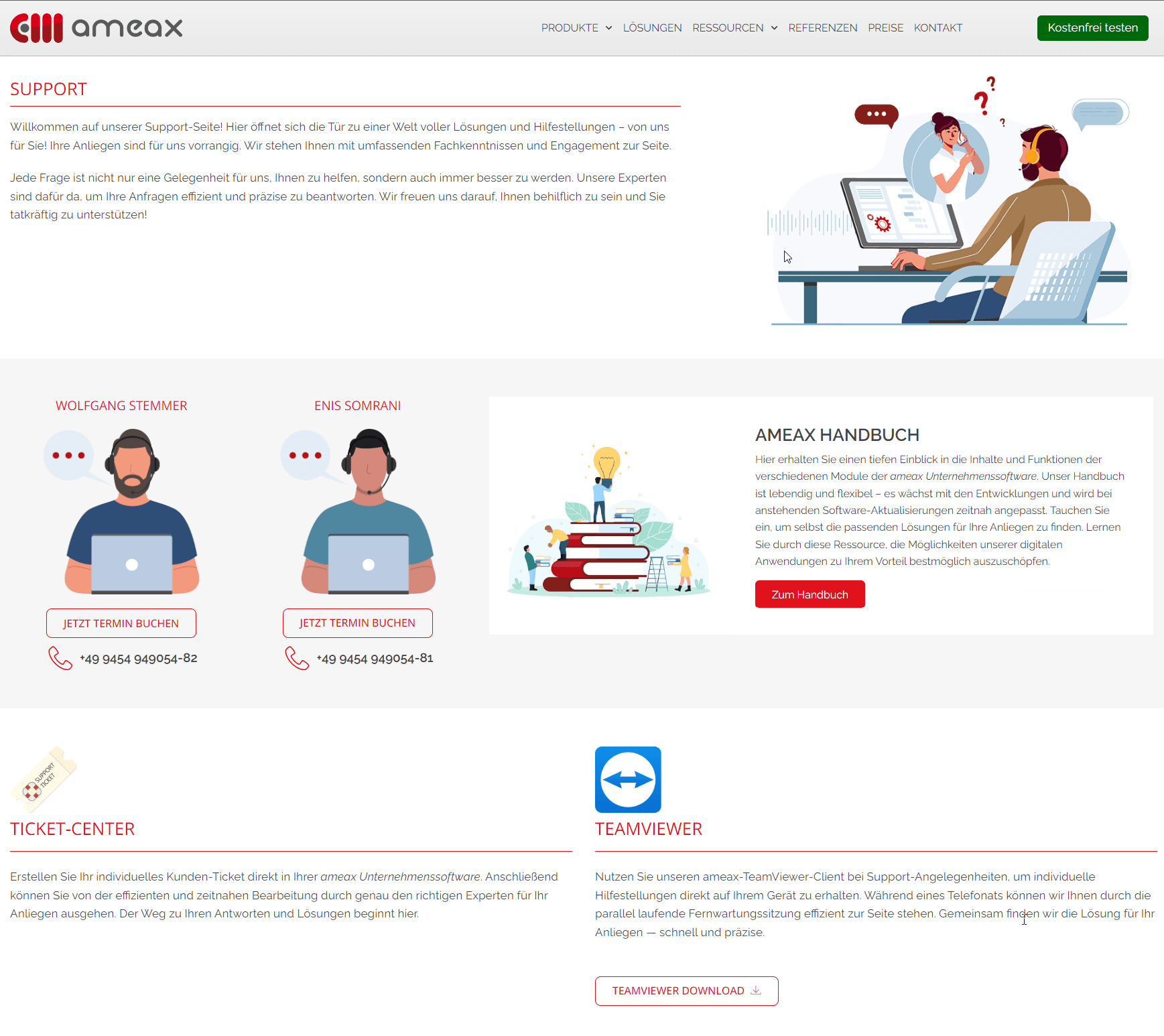 Screenshot des Support-Bereichs auf der ameax-Website