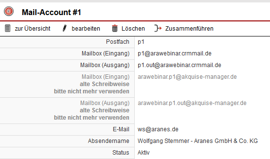 Der Screenshot zeigt, wie in den Mailaccount-Einstellungen die neuen Gateway E-Mailadressen dargestellt werden.