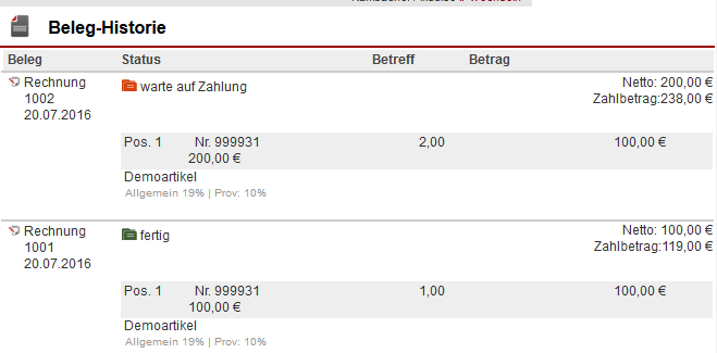 Screenshot Ansicht Beleghistorie mit 2 Rechnungsbelegen und deren Details