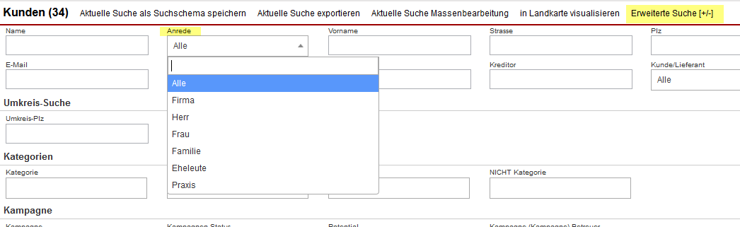 Filterung der Kundenliste nach Anrede