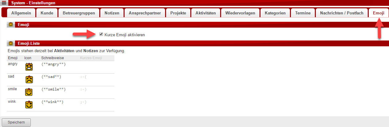 Hier aktivieren Sie die kurze Schreibweise für die Erstellung von Emojis im AkquiseManager. Auch die langen und kurzen Schreibweisen ersehen Sie hier.