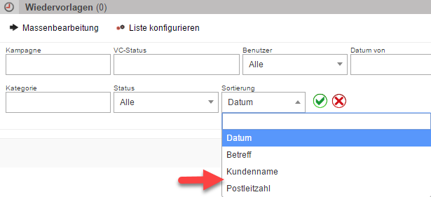 Hier stellen Sie die Reihenfolge der angezeigten Kunden in Ihrer Wiedervorlagenliste ein. Die Sortierung nach Kundennamen und Postleitzahlen ist jetzt auch möglich.