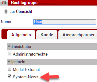 Entscheiden Sie durch diese Option, ob eine bestimmte Rechtegruppe System-News erhält, oder nicht.