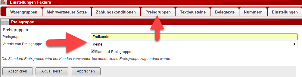 Definieren Sie beim Anlegen einer Preisgruppe den Namen, die "Vererbung", sowie, ob es sich um die neue Standardpreisgruppe handeln soll.