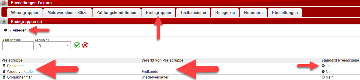 Übersicht über alle angelegten Preisgruppen und deren Details