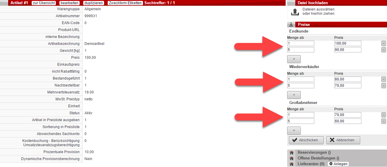Geben Sie in der Artikelansicht für jede Preisgruppe an bestimmte Abnahmemengen gebundene Preise ein.