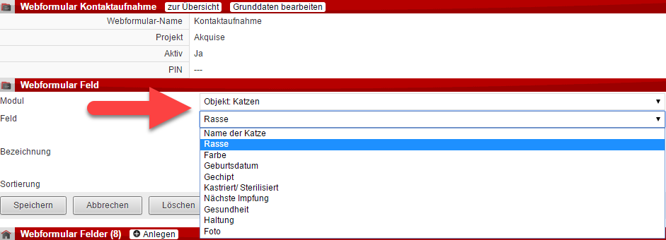 Screenshot des Bildschirms zum Anlegen eines Webformularfelds mit Pfeil auf Dropdown-Menü der Felderoptionen