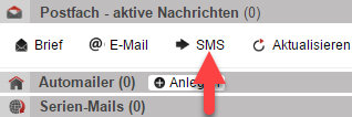 Screenshot Bereich zum Erstellen von Nachrichten in einer Kundenkartei mit Pfeil  auf "SMS"