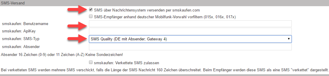 Screenshot Einstellungen zum SMS-Versand mit Pfeilen auf den zum Einrichten wichtigsten Feldern