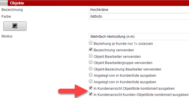 Screenshot Objekteinstellungen Stammdaten mit Pfeil auf die beiden neuen Optionen