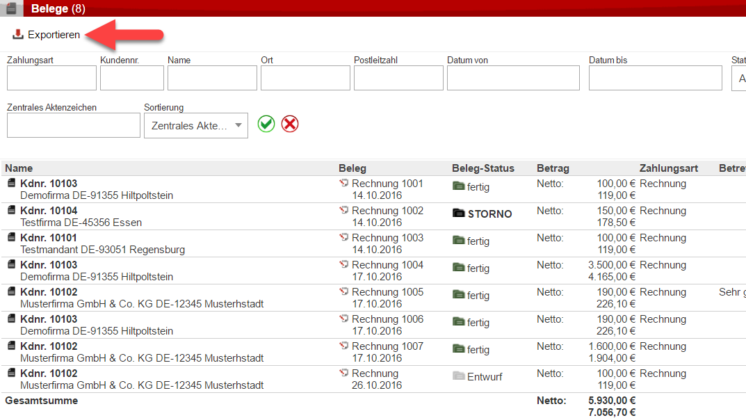 Screenshot der Beleglistenansicht mit Pfeil auf den Exportbutton
