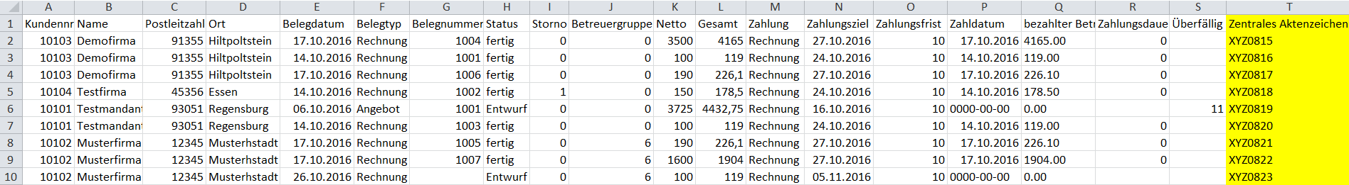 Screenshot einer Belegliste, die als CSV-Datei exportiert wurde mit markierter Spalte "Zentrales Aktenzeichen"