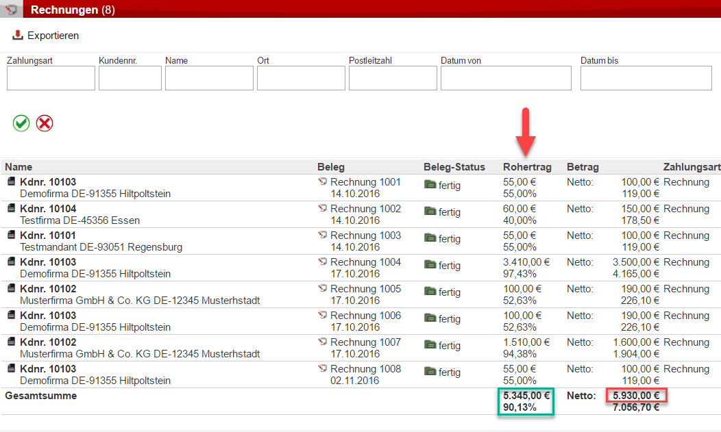 Screenshot Kundenmappe mit Pfeil auf Rohertragsspalte, sowie Summe Rohertrag grün umrandet und Summe Umsatz rot umrandet.