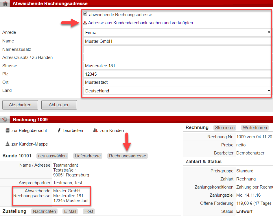 Screenshot Belegerstellungsansicht mit Pfeilen auf "Rohertrag in Prozent" und in Euro