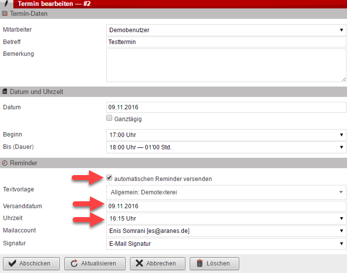 Screenshot Fenster zur Terminerstellung mit Pfeilen auf die auszufüllenden Angaben zum Versand eines Reminders