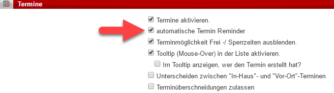 Screenshot Systemeinstellungen mit Pfeil auf aktivierte Option "automatische Termin Reminder" innerhalb des Reiters "Termine"