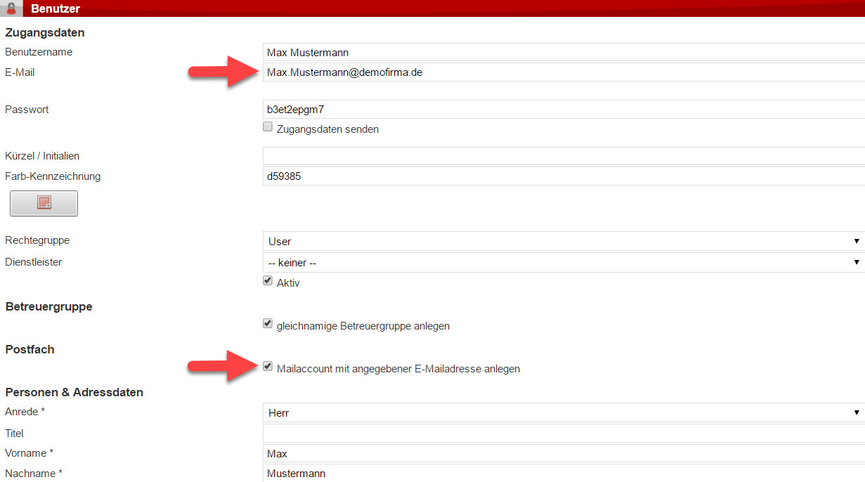 Screenshot Fenster zur Benutzeranlage mit Pfeilen auf die Felder "E-Mail-Adresse" und "Mailaccount mit angegebener E-Mail-Adresse anlegen"