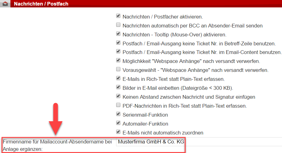 Screenshot Systemeinstellungen "Nachrichten" mit Pfeil auf umrahmte Option "Mailsignatur direkt mit Firmennamen ergänzen"