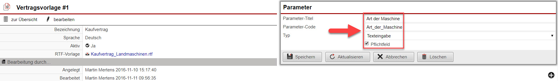 Screenshot Fenster Parameterdefinition der Vertragsvorlage
