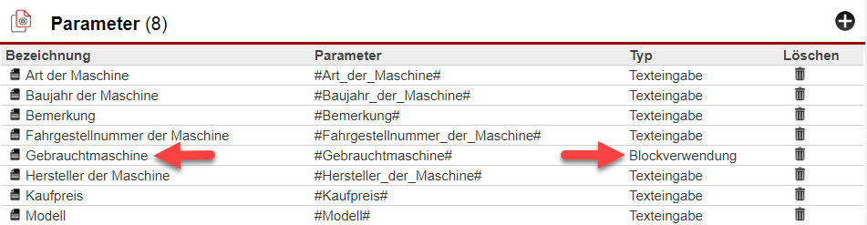 Screenshot Ansicht der fertig definierten Vertragsschablonenparameter mit Pfeilen auf einen Textblockparameter