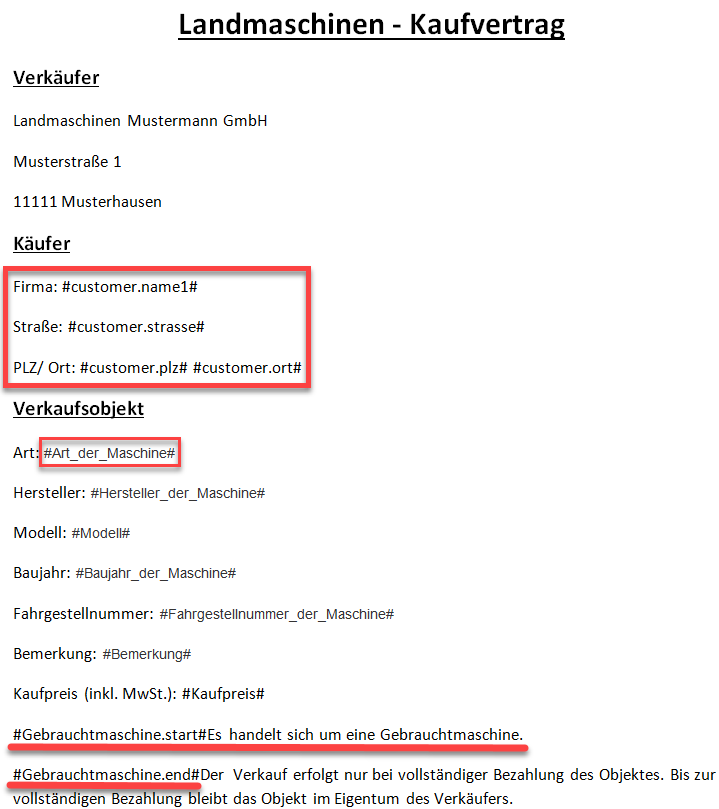 Screenshot Vertragsvorlage mit Markierungen bei Käuferdaten und verschiedenen Platzhalterangaben