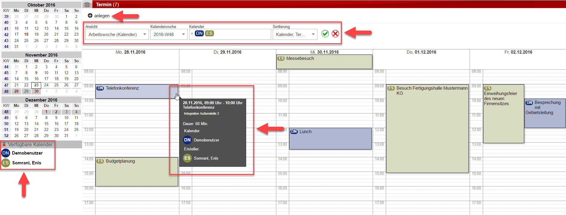 Screenshot Kalenderansicht mit verschiedenen Hervorhebungen zur Verdeutlichung der Funktionen.